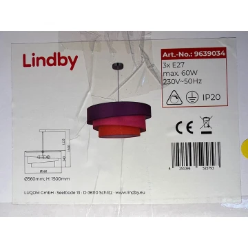 Lindby - Csillár zsinóron MELIA 3xE27/60W/230V