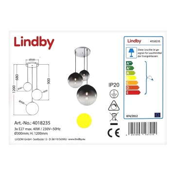 Lindby - Csillár zsinóron ROBYN 3xE27/40W/230V