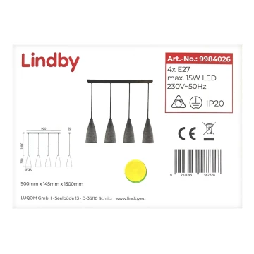 Lindby - Csillár zsinóron SANNE 4xE27/15W/230V