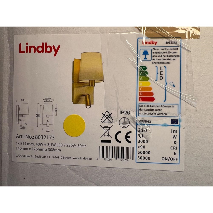 Lindby - Fali lámpa AIDEN 1xE14/40W/230V + LED/3,1W/230V
