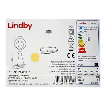 Lindby - LED Dimmelhető csillár zsinóron SMART VERIO LED/27W/230V 3000/4000/6000K + távirányító