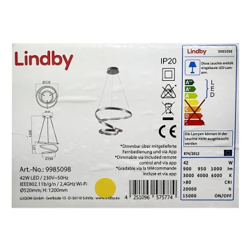 Lindby - LED dimmelhető csillár zsinóron VERIO LED/230V + távirányítás