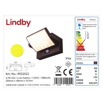 Lindby - LED Napelemes fali lámpa érzékelővel SHERIN LED/3,7W/3,7V IP54