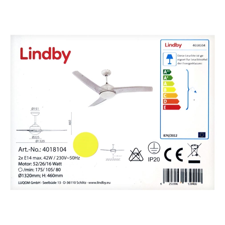 Lindby - Mennyezeti ventilátor EMANUEL 2xE14/42W/230V + távirányító
