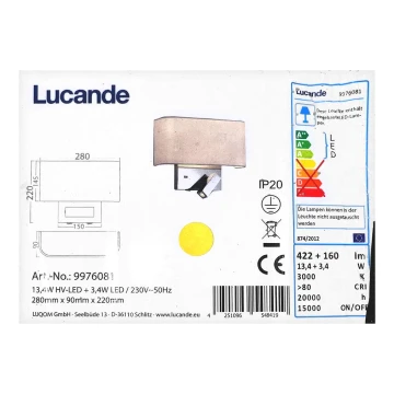 Lucande - LED Fali lámpa VIRVE 1XLED/13,4W/230V + 1xLED/3,4W/230V