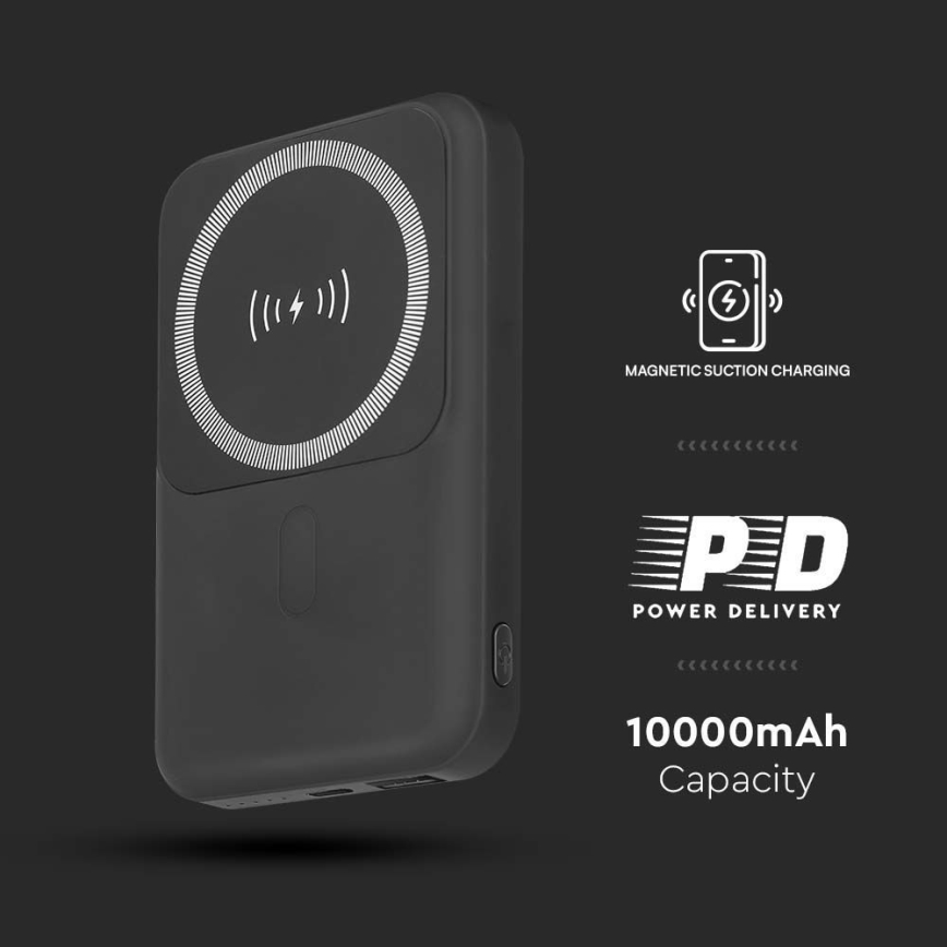 Mágneses Powerbank vezeték nélküli töltéssel Power Delivery 10 000mAh/20W/3,7V fekete