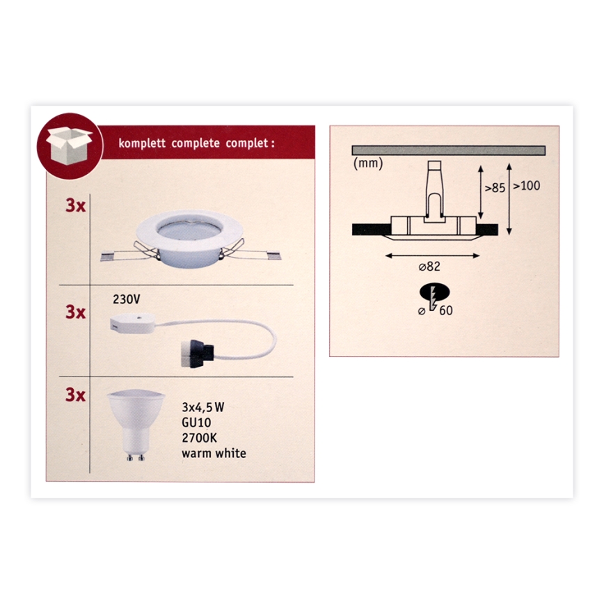 Paulmann 93655 - KÉSZLET 3xLED-GU10/4,5W Beépíthető lámpa 230V