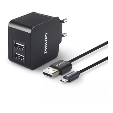 Philips DLP2307U/12 - Töltő 2xUSB/15,5W/230V + vezeték micro USB 1m