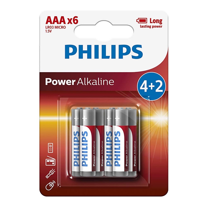 Philips LR03P6BP/10 - 6 db alkáli elem AAA POWER ALKALINE 1,5V 1150mAh