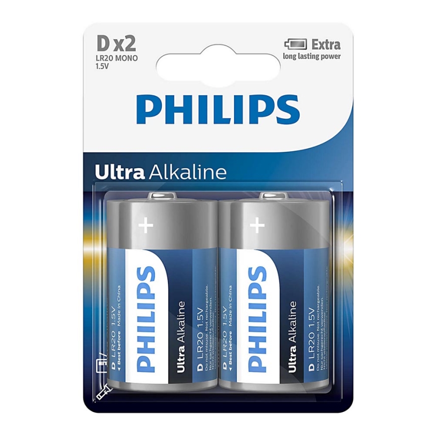 Philips LR20E2B/10 - 2 db alkáli elem D ULTRA ALKALINE 1,5V 15000mAh