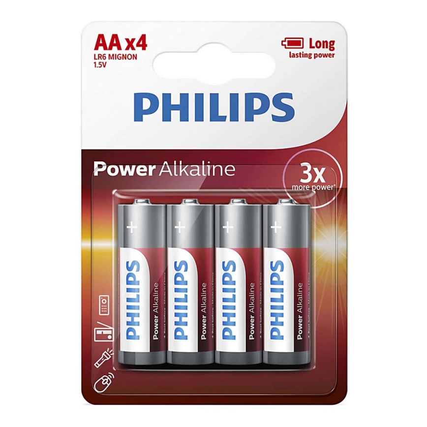 Philips LR6P4B/10 - 4 db alkáli elem AA POWER ALKALINE 1,5V 2600mAh