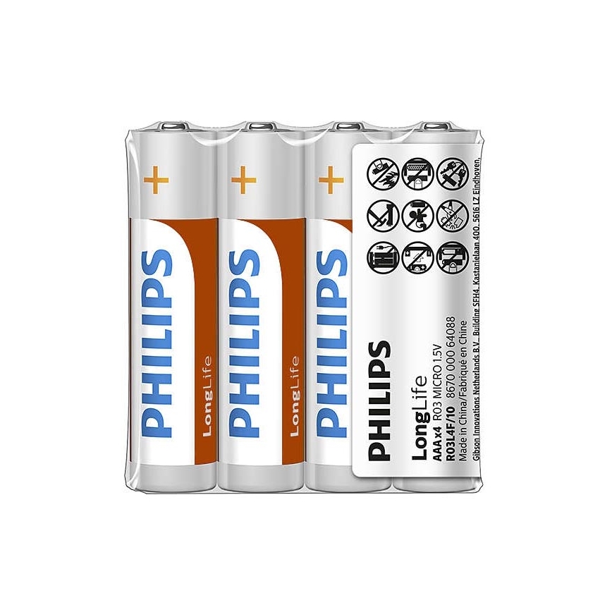 Philips R03L4F/10 - 4 db cink-klorid elem AAA LONGLIFE 1,5V 450mAh