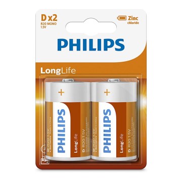 Philips R20L2B/10 - 2 db cink-klorid elem D LONGLIFE 1,5V 5000mAh