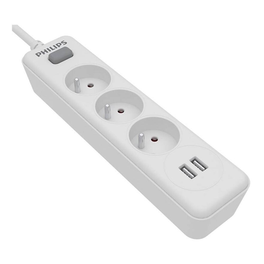 Philips SPN3032WA/60 - Hosszabbító kapcsolóval 3Z + 2xUSB-A 2m fehér