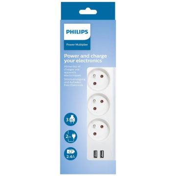 Philips SPN3032WA/60 - Hosszabbító kapcsolóval 3Z + 2xUSB-A 2m fehér