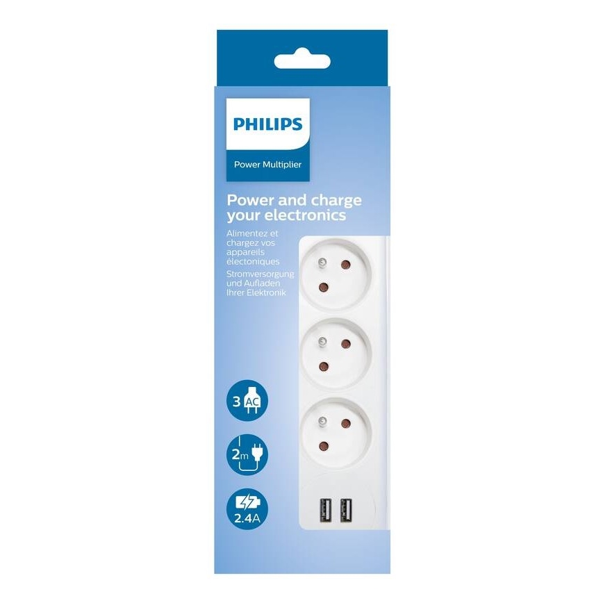 Philips SPN3032WA/60 - Hosszabbító kapcsolóval 3Z + 2xUSB-A 2m fehér