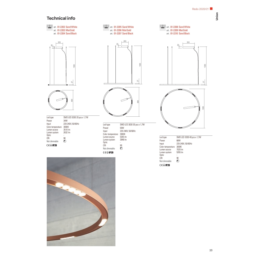 Redo 01-2203 - LED Csillár zsinóron UNION LED/34W/230V 3000K átm. 60 cm arany