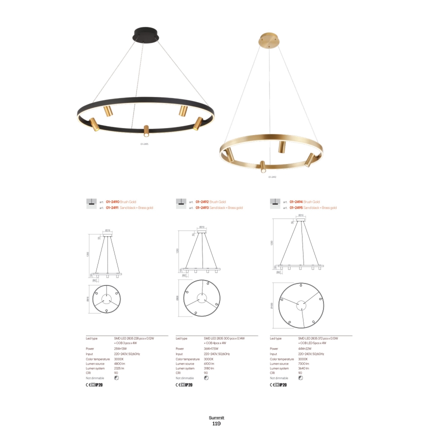 Redo 01-2490 - LED Csillár zsinóron SUMMIT LED/38W/230V CRI 90 átm. 61,6 cm arany