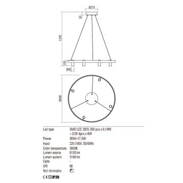 Redo 01-2492 - LED Csillár zsinóron SUMMIT LED/53,5W/230V CRI 90 átm. 80,8 cm arany