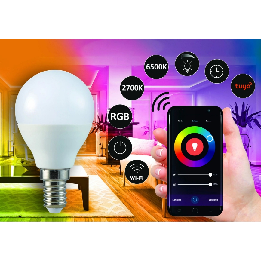 RGB LED Dimmelhető izzó G45 E14/5,5W/230V 3000-6500K Wi-fi Tuya