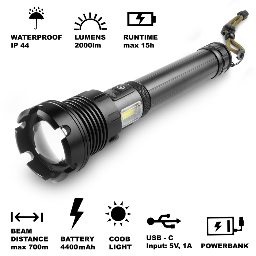 Sencor - LED Újratölthető zseblámpa powerbank funkcióval LED/10W/4400 mAh 2000 lm IP44