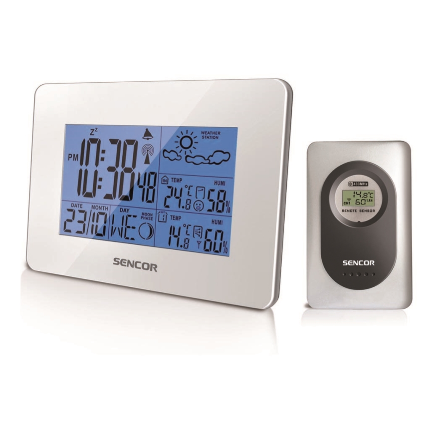 Sencor - Meteorológiai állomás LCD kijelzővel és ébresztőórával 3xAA fehér