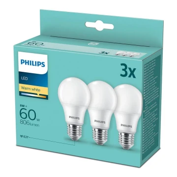 SET 3x LED Izzó Philips A60 E27/8W/230V 2700K