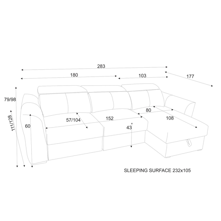 Univerzális sarokkanapé, kihúzható, háromszemélyes, tárolóhellyel — TRENTO taupe