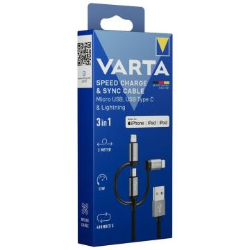 Varta 57937101111 - USB kábel 3 az 1-ben Lightning és Micro USB csatlakozóval 2m