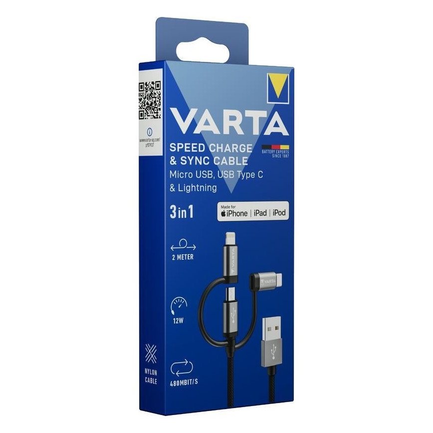Varta 57937101111 - USB kábel 3 az 1-ben Lightning és Micro USB csatlakozóval 2m